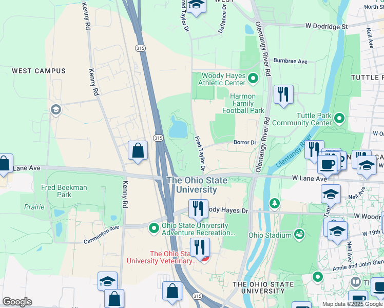 map of restaurants, bars, coffee shops, grocery stores, and more near 2201 Fred Taylor Drive in Columbus