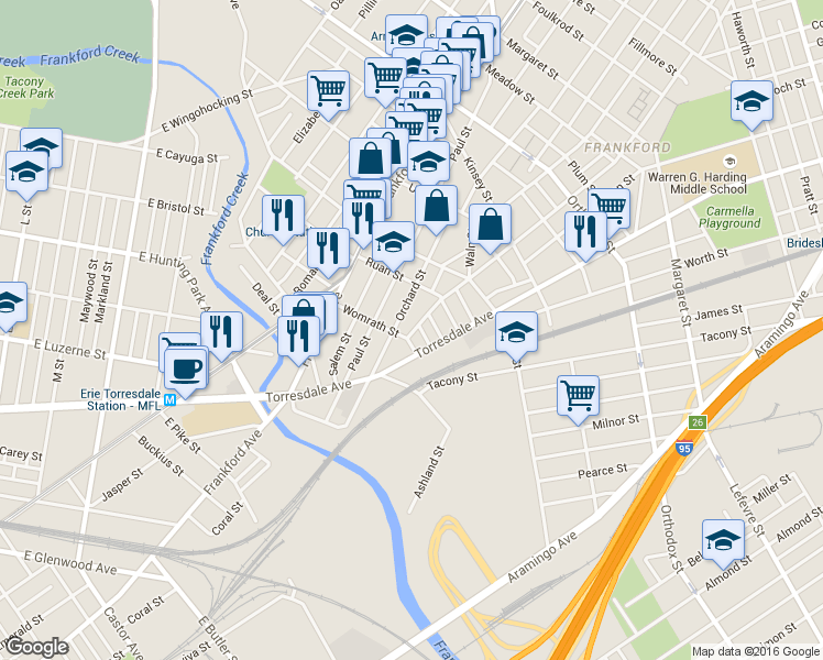 map of restaurants, bars, coffee shops, grocery stores, and more near 4210 Tackawanna St in Philadelphia