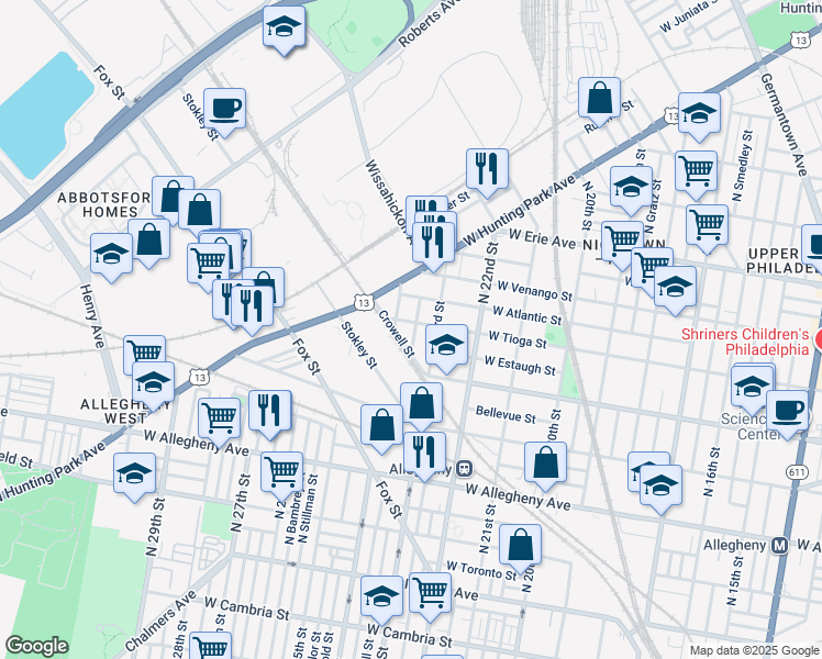 map of restaurants, bars, coffee shops, grocery stores, and more near 2324 West Tioga Street in Philadelphia
