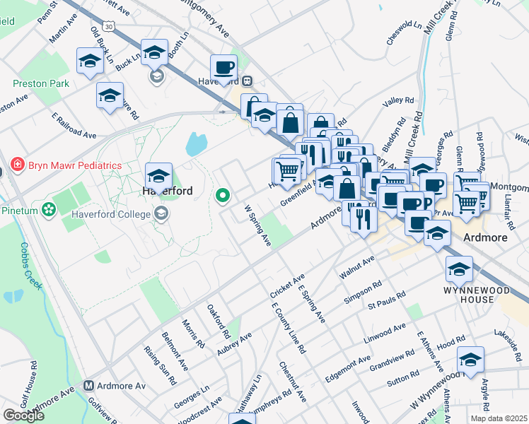 map of restaurants, bars, coffee shops, grocery stores, and more near 86 Greenfield Avenue in Ardmore