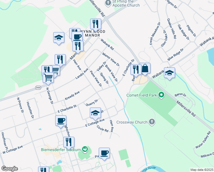 map of restaurants, bars, coffee shops, grocery stores, and more near 401 Spring Drive in Millersville