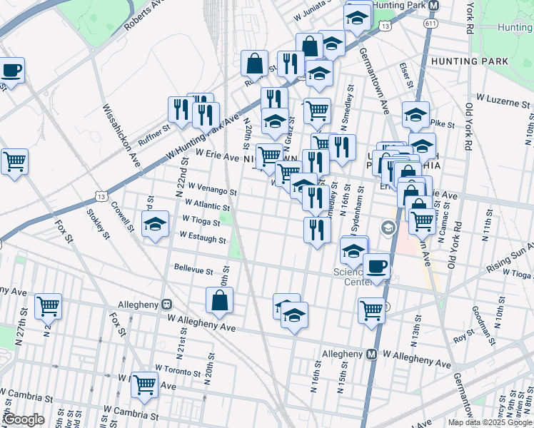 map of restaurants, bars, coffee shops, grocery stores, and more near 3532 North Gratz Street in Philadelphia