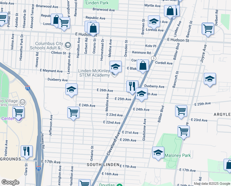 map of restaurants, bars, coffee shops, grocery stores, and more near 1311 East 26th Avenue in Columbus