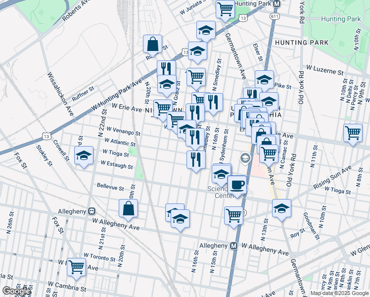 map of restaurants, bars, coffee shops, grocery stores, and more near 1722 West Venango Street in Philadelphia