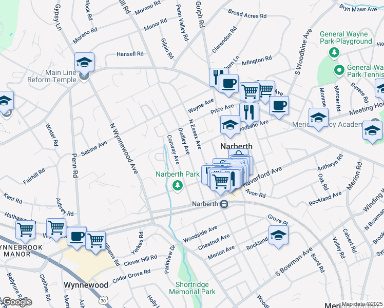 map of restaurants, bars, coffee shops, grocery stores, and more near 231 Dudley Avenue in Narberth