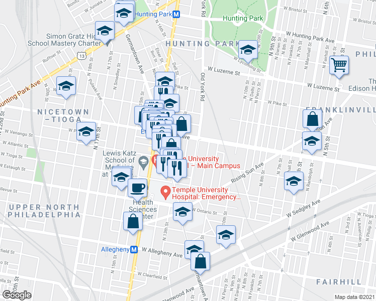 map of restaurants, bars, coffee shops, grocery stores, and more near 3635 North Camac Street in Philadelphia