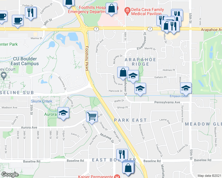 map of restaurants, bars, coffee shops, grocery stores, and more near 4725 Hancock Drive in Boulder