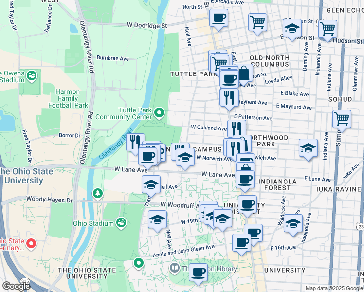 map of restaurants, bars, coffee shops, grocery stores, and more near 2259 Neil Avenue in Columbus