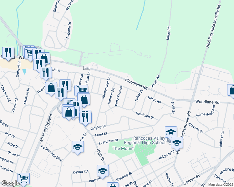 map of restaurants, bars, coffee shops, grocery stores, and more near 13 Harmon Road in Mount Holly