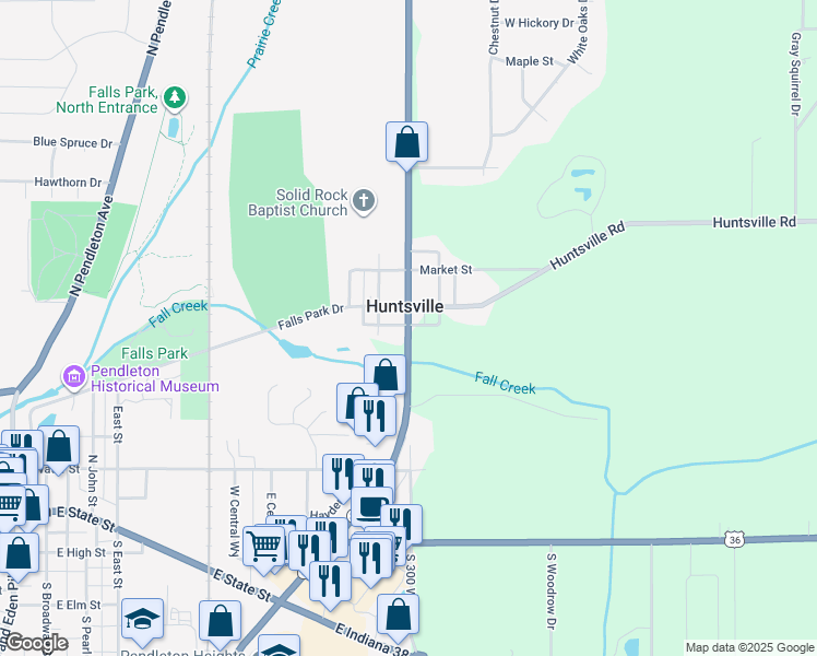map of restaurants, bars, coffee shops, grocery stores, and more near 6194 Indiana 67 in Pendleton