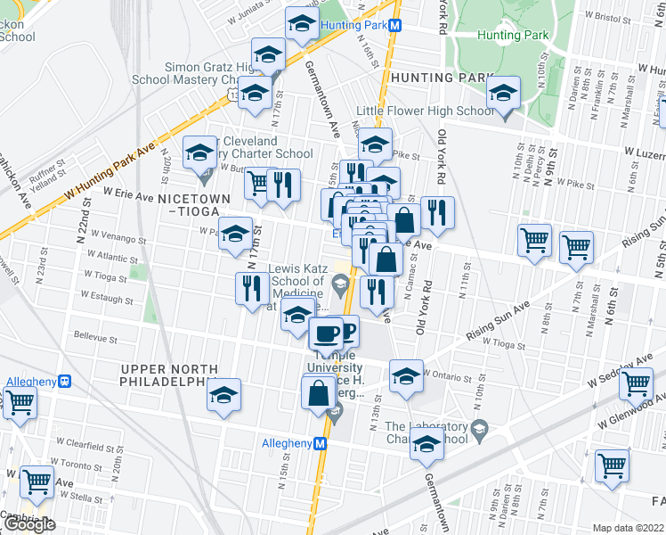 map of restaurants, bars, coffee shops, grocery stores, and more near 1429 West Venango Street in Philadelphia