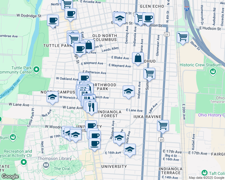 map of restaurants, bars, coffee shops, grocery stores, and more near 149 East Northwood Avenue in Columbus