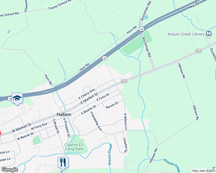 map of restaurants, bars, coffee shops, grocery stores, and more near 433 East Market Street in Hallam