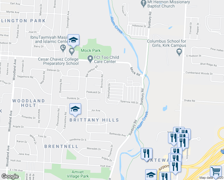 map of restaurants, bars, coffee shops, grocery stores, and more near 2599 Bloom Drive in Columbus