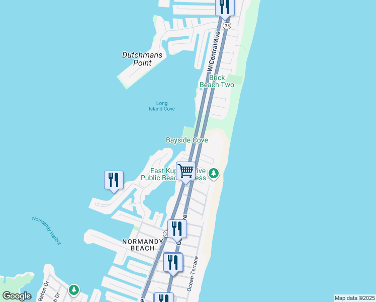 map of restaurants, bars, coffee shops, grocery stores, and more near 447 New Jersey 35 in Mantoloking