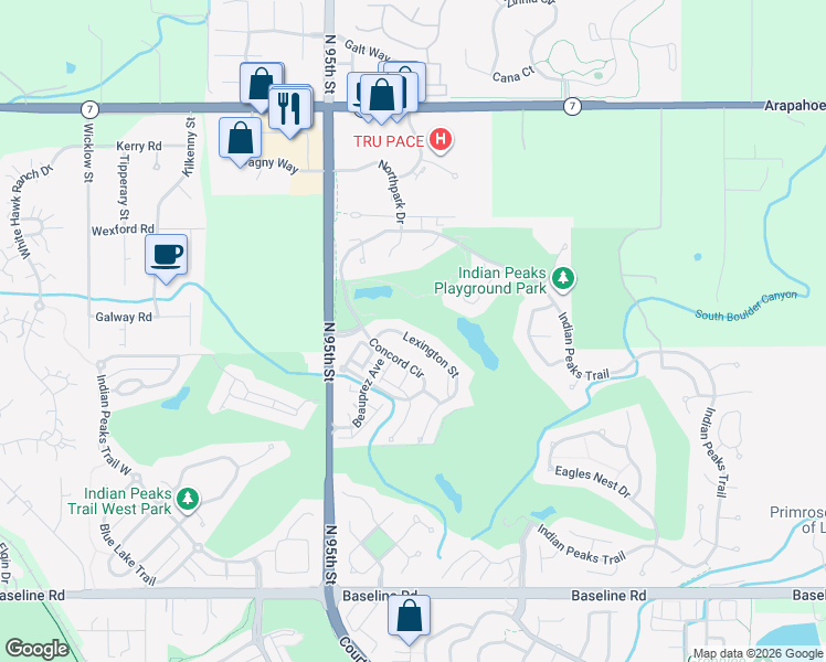 map of restaurants, bars, coffee shops, grocery stores, and more near 2533 Lexington Street in Lafayette