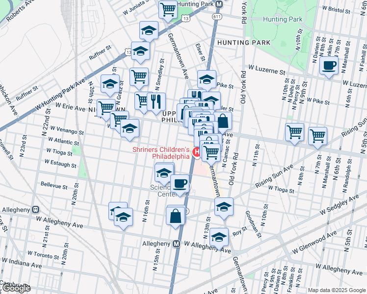 map of restaurants, bars, coffee shops, grocery stores, and more near 1429 West Venango Street in Philadelphia