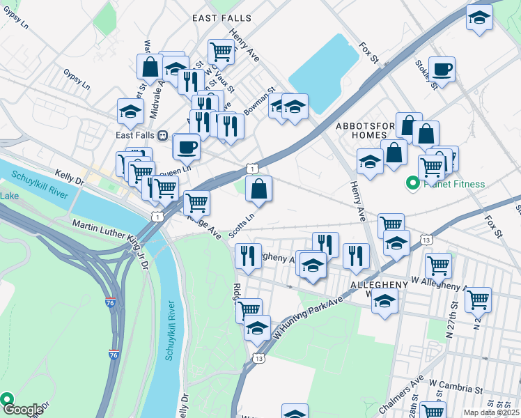 map of restaurants, bars, coffee shops, grocery stores, and more near 2 Scotts Lane in Philadelphia