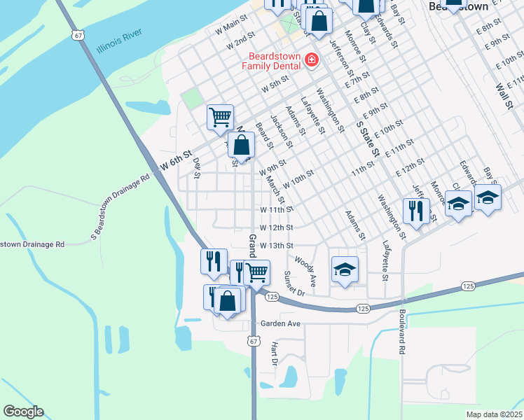 map of restaurants, bars, coffee shops, grocery stores, and more near 758 West 11th Street in Beardstown