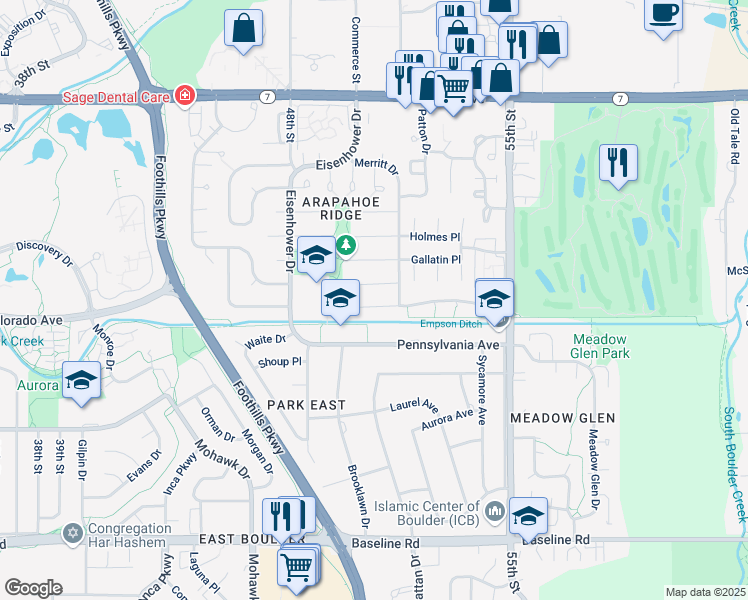 map of restaurants, bars, coffee shops, grocery stores, and more near 5101 Ellsworth Place in Boulder
