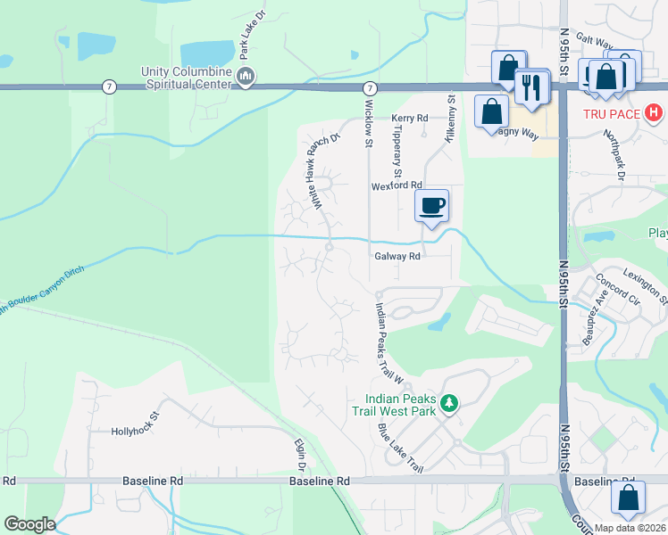map of restaurants, bars, coffee shops, grocery stores, and more near 1200 White Hawk Ranch Drive in Boulder