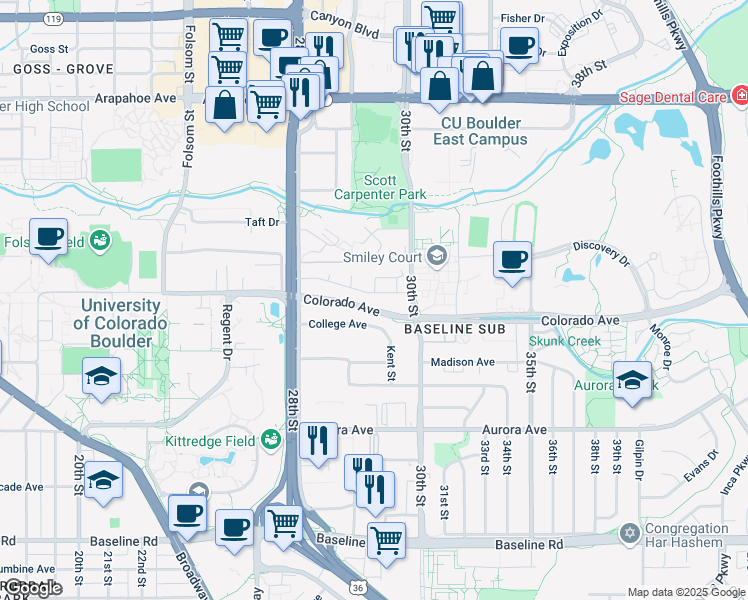 map of restaurants, bars, coffee shops, grocery stores, and more near 3010 Pennsylvania Avenue in Boulder