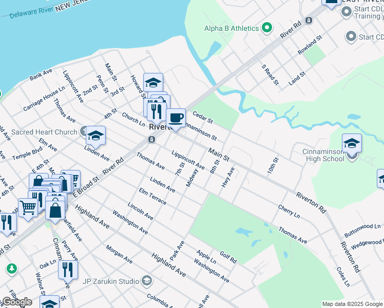 map of restaurants, bars, coffee shops, grocery stores, and more near 410 Midway in Riverton