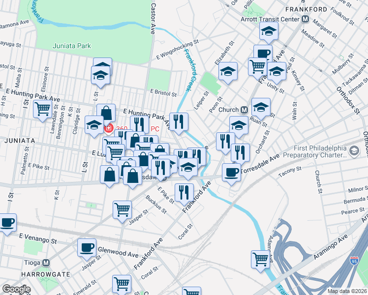 map of restaurants, bars, coffee shops, grocery stores, and more near 1709 East Hunting Park Avenue in Philadelphia