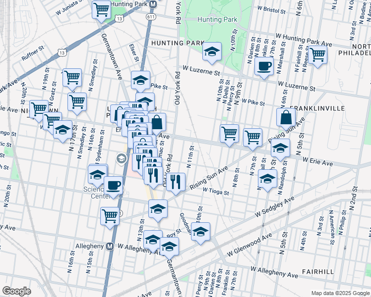 map of restaurants, bars, coffee shops, grocery stores, and more near 3643 North Marvine Street in Philadelphia