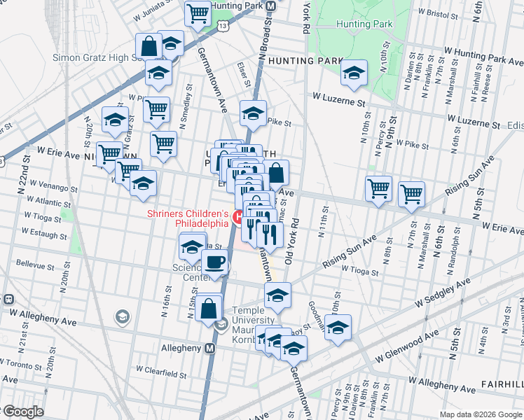 map of restaurants, bars, coffee shops, grocery stores, and more near 1328 West Victoria Street in Philadelphia
