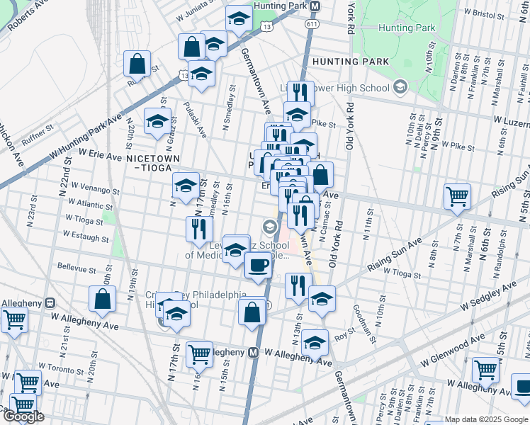 map of restaurants, bars, coffee shops, grocery stores, and more near 1447 West Venango Street in Philadelphia