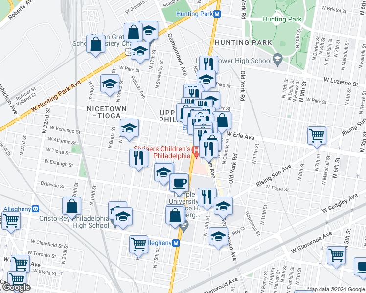 map of restaurants, bars, coffee shops, grocery stores, and more near 1447 West Venango Street in Philadelphia