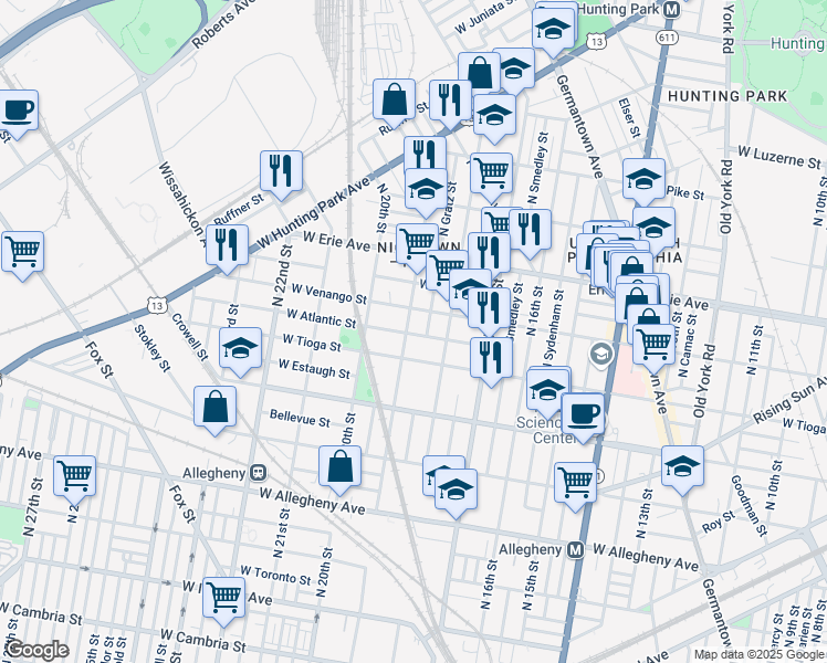 map of restaurants, bars, coffee shops, grocery stores, and more near 3532 North Gratz Street in Philadelphia