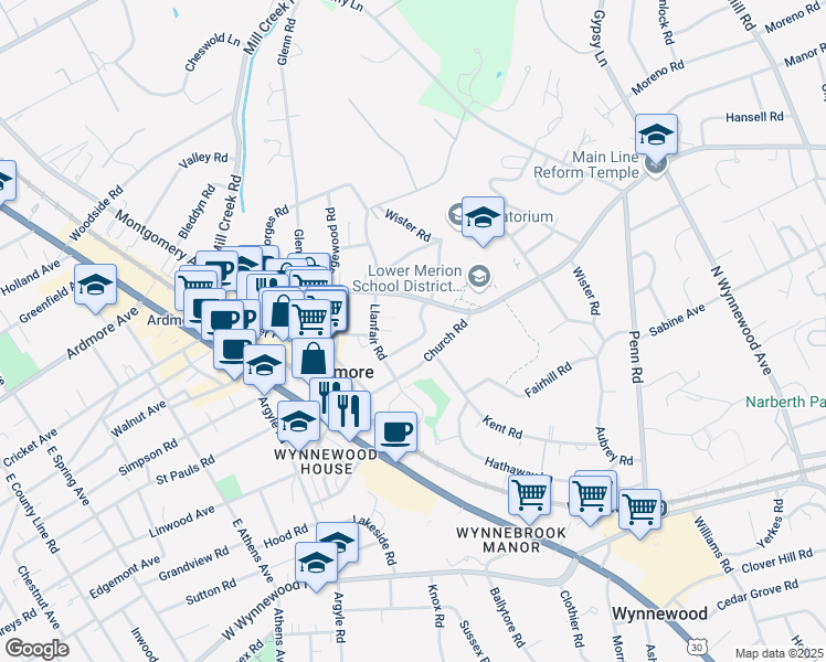 map of restaurants, bars, coffee shops, grocery stores, and more near 224 Church Road in Ardmore