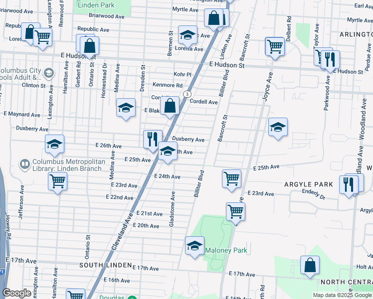 map of restaurants, bars, coffee shops, grocery stores, and more near 1524 East 26th Avenue in Columbus