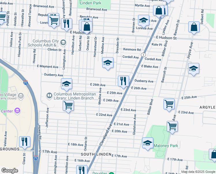map of restaurants, bars, coffee shops, grocery stores, and more near 1311 East 26th Avenue in Columbus