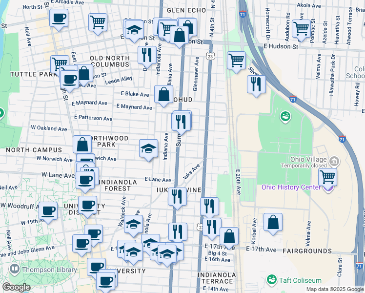 map of restaurants, bars, coffee shops, grocery stores, and more near 371 Alden Avenue in Columbus