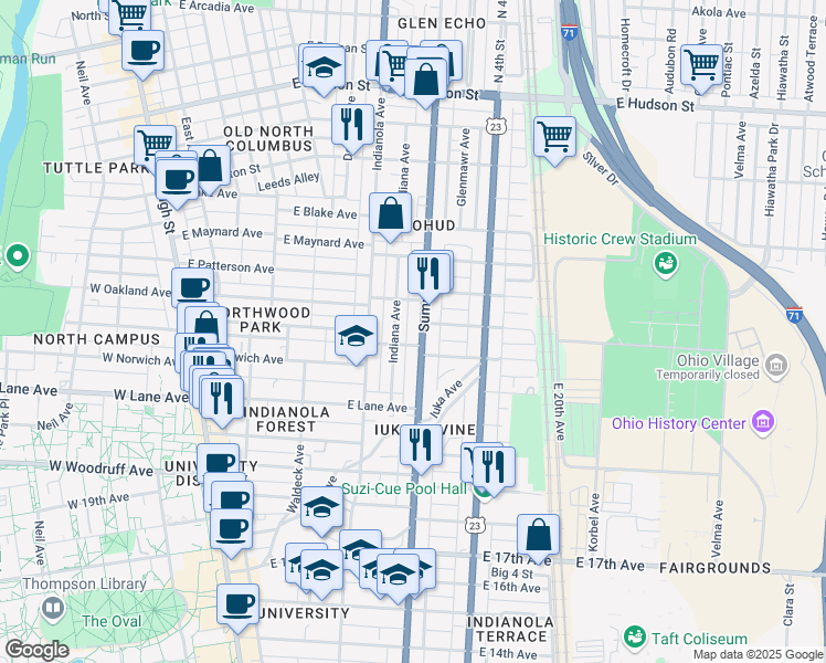 map of restaurants, bars, coffee shops, grocery stores, and more near 2181 Summit Street in Columbus
