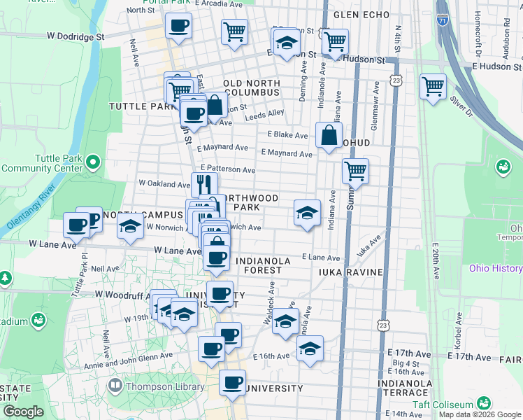 map of restaurants, bars, coffee shops, grocery stores, and more near 149 East Northwood Avenue in Columbus