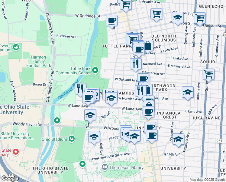map of restaurants, bars, coffee shops, grocery stores, and more near in Columbus