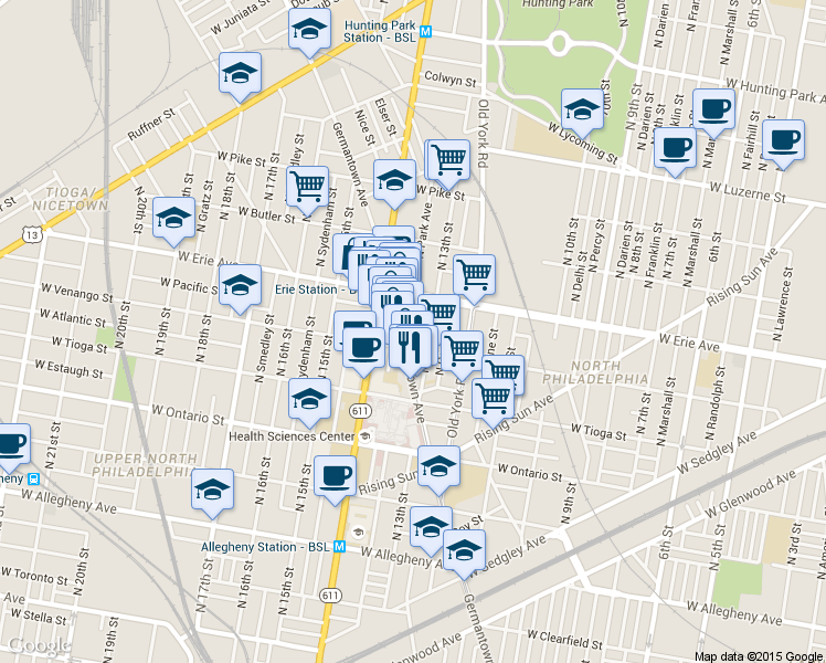 map of restaurants, bars, coffee shops, grocery stores, and more near 1328 West Victoria Street in Philadelphia