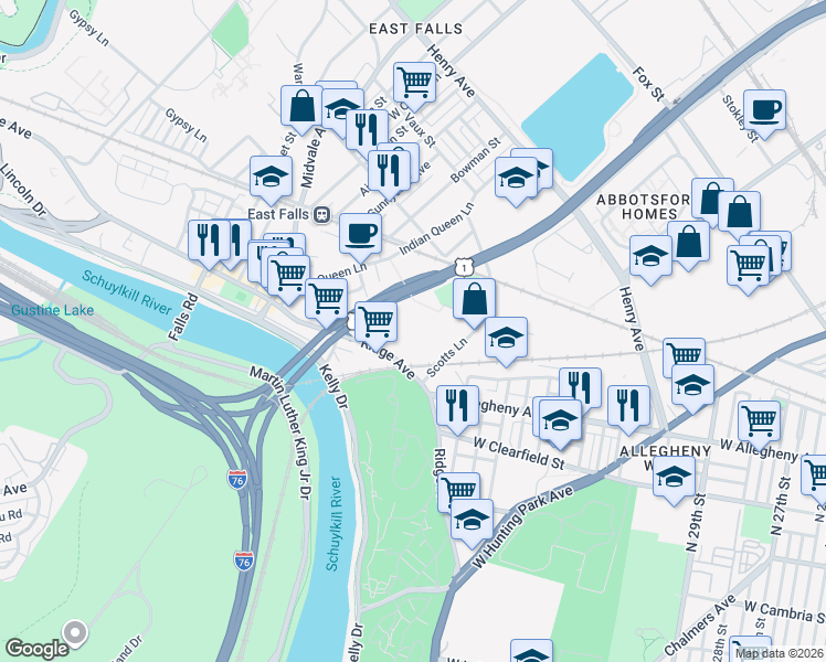 map of restaurants, bars, coffee shops, grocery stores, and more near 4055 Ridge Avenue in Philadelphia