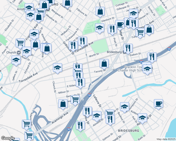 map of restaurants, bars, coffee shops, grocery stores, and more near 2230 Margaret Street in Philadelphia