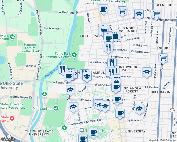 map of restaurants, bars, coffee shops, grocery stores, and more near in Columbus