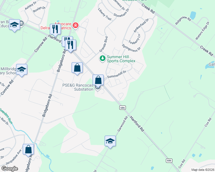 map of restaurants, bars, coffee shops, grocery stores, and more near 2 Snowberry Lane in Delran