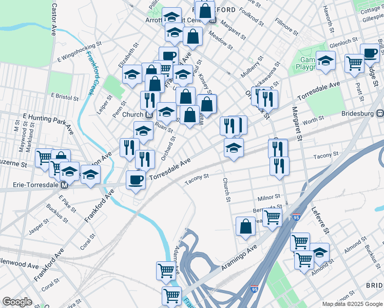 map of restaurants, bars, coffee shops, grocery stores, and more near 1946 Ruan Street in Philadelphia