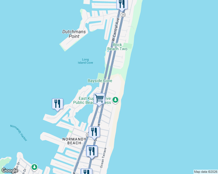 map of restaurants, bars, coffee shops, grocery stores, and more near 447 New Jersey 35 in Mantoloking