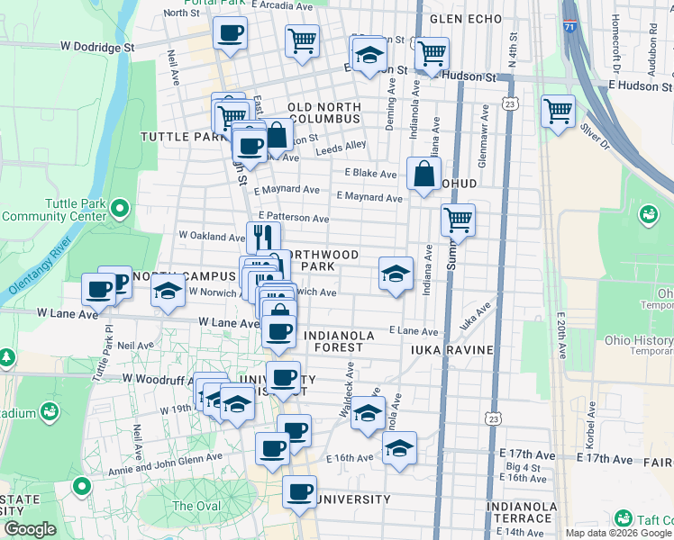 map of restaurants, bars, coffee shops, grocery stores, and more near 149 East Northwood Avenue in Columbus