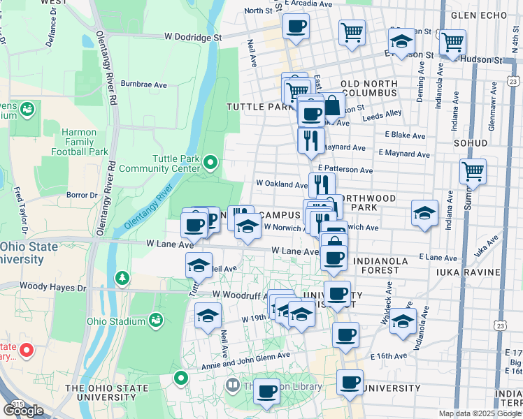 map of restaurants, bars, coffee shops, grocery stores, and more near 127 West Northwood Avenue in Columbus