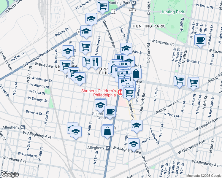 map of restaurants, bars, coffee shops, grocery stores, and more near 1435 West Venango Street in Philadelphia